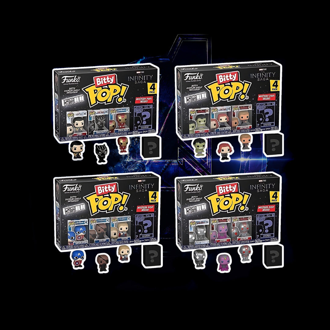 Four Funko Pop! Bitty Pop! Infinity 4 boxes with figures on a black background