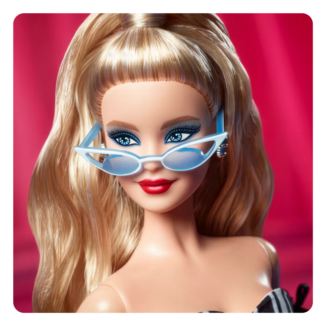 Barbie doll with blonde hair and blue sunglasses against a red background