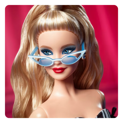 Barbie doll with blonde hair and blue sunglasses against a red background