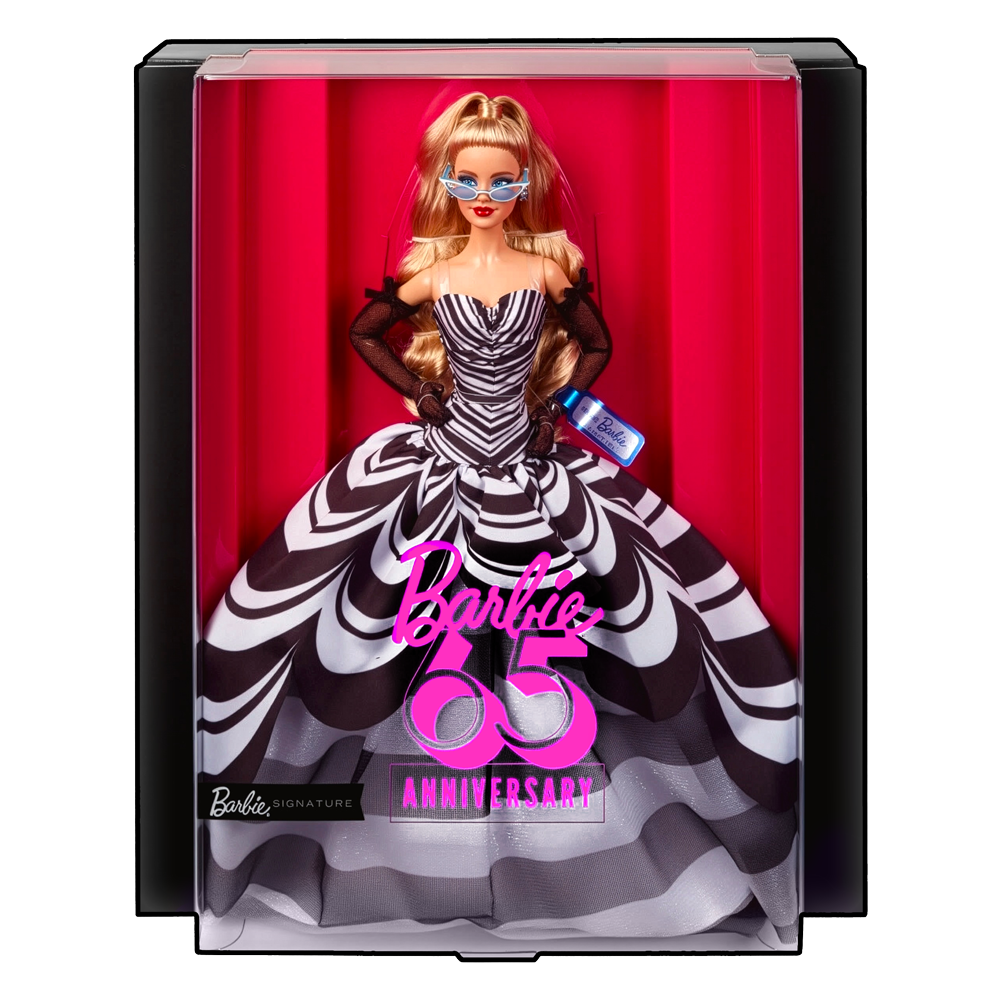 Barbie doll in a black and white striped dress with 'Barbie 65th Anniversary' text in a packaging box.
