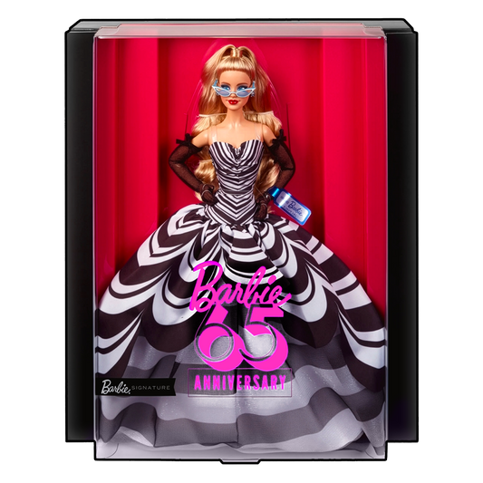 Barbie doll in a black and white striped dress with 'Barbie 65th Anniversary' text in a packaging box.