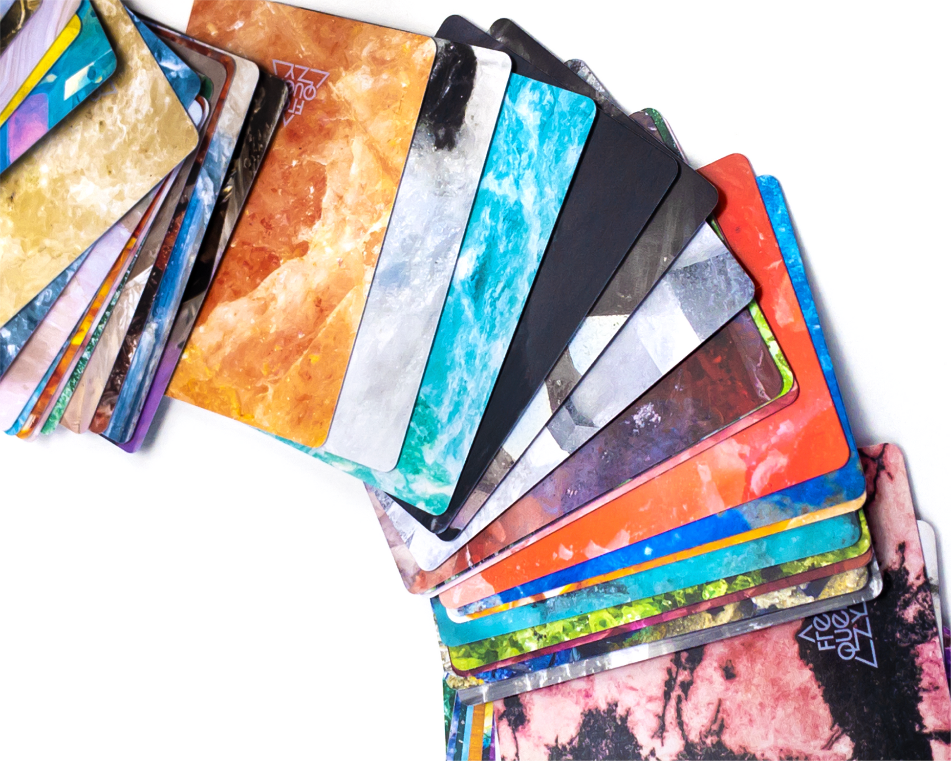 Collection of variously designed cards on a white background