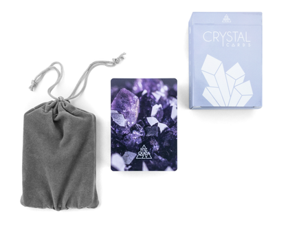 Gray drawstring bag, purple crystal card, and 'Crystal' box on a white background