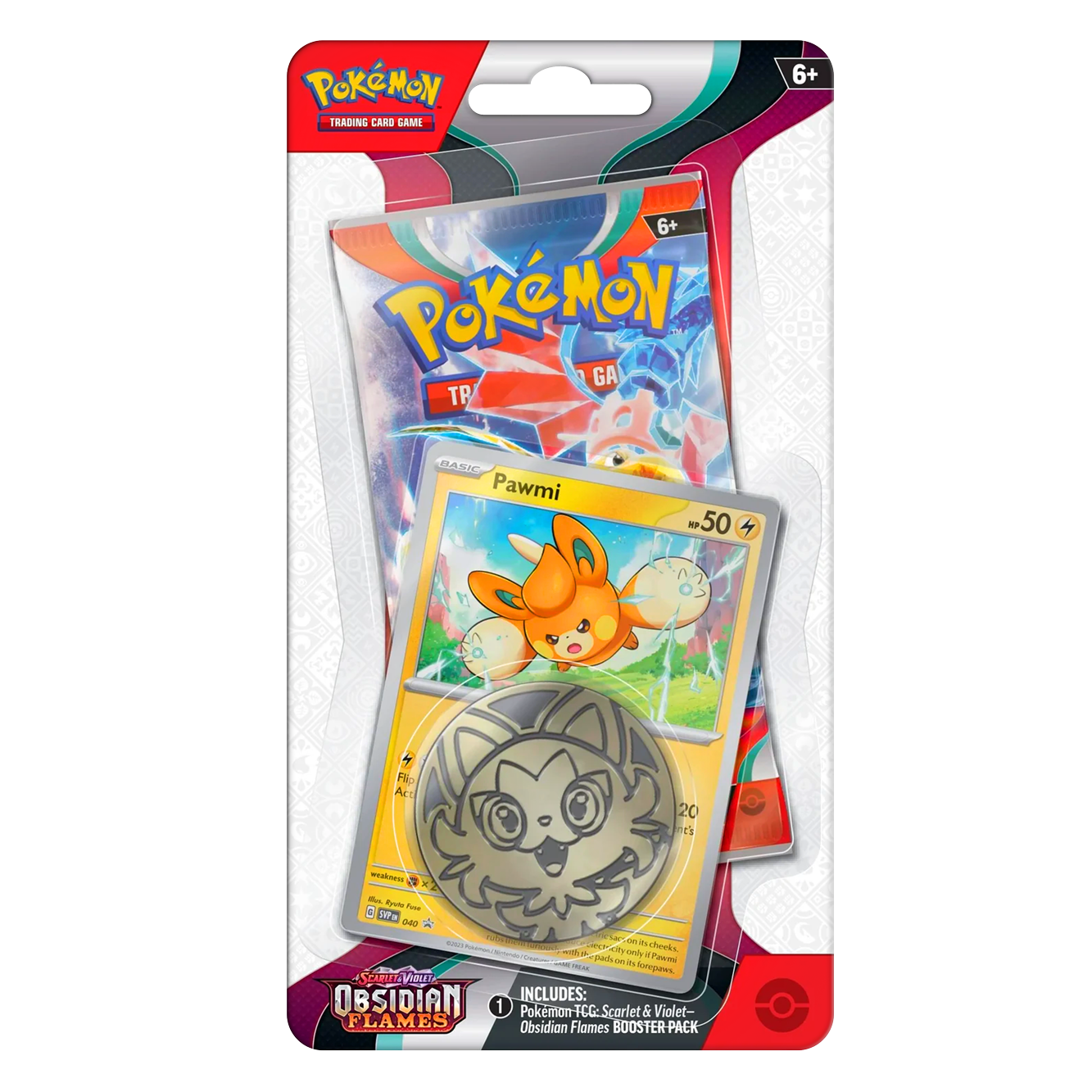 Pokémon trading card game packaging with a card featuring a character on a white background