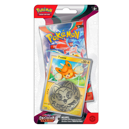 Pokémon trading card game packaging with a card featuring a character on a white background