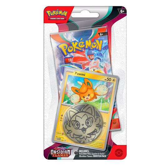 Pokémon trading card game packaging with a card featuring a character on a white background