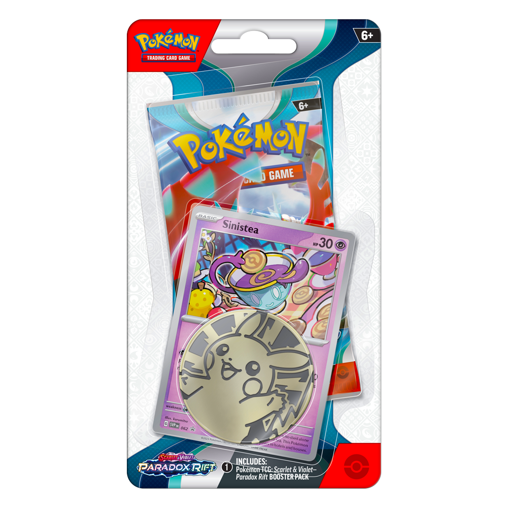 Pokémon trading card game pack with a card featuring Sinistea on a white background