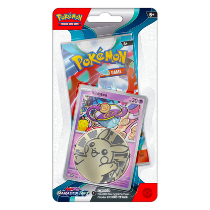 Pokémon trading card game pack with a card featuring Sinistea on a white background
