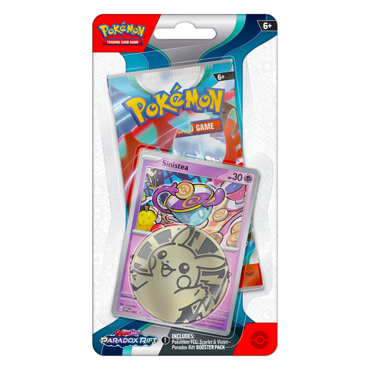 Pokémon trading card game pack with a card featuring Sinistea on a white background
