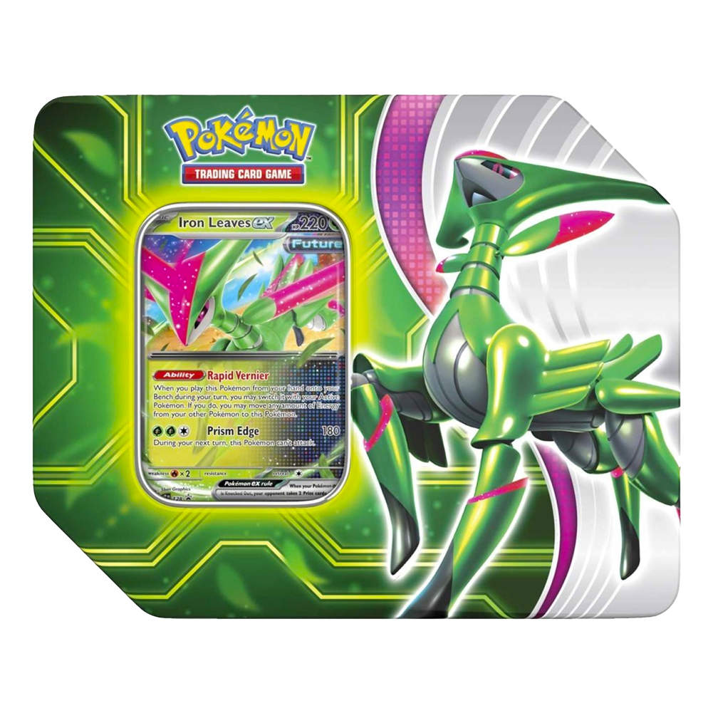 Pokémon trading card game packaging with a green and silver Pokémon figure on a white background