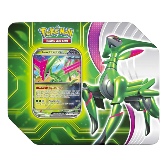 Pokémon trading card game packaging with a green and silver Pokémon figure on a white background