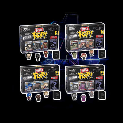 Four Funko Pop! Bitty Pop! Infinity 4 boxes with figures on a black background
