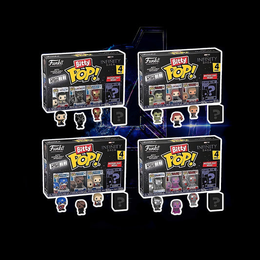 Four Funko Pop! Bitty Pop! Infinity 4 boxes with figures on a black background