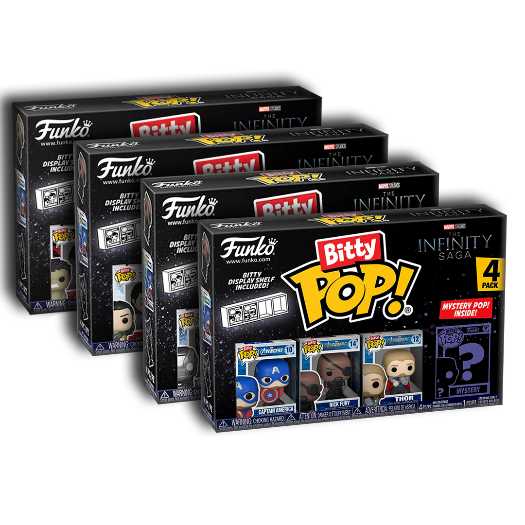 Funko Bitty Pop! packaging with Marvel Infinity Saga theme on a white background