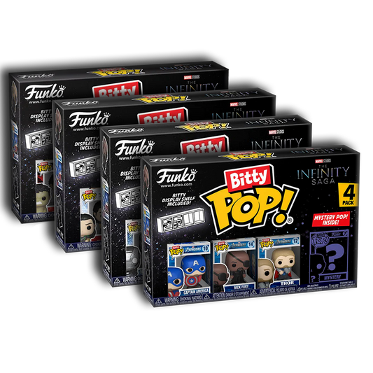 Funko Bitty Pop! packaging with Marvel Infinity Saga theme on a white background